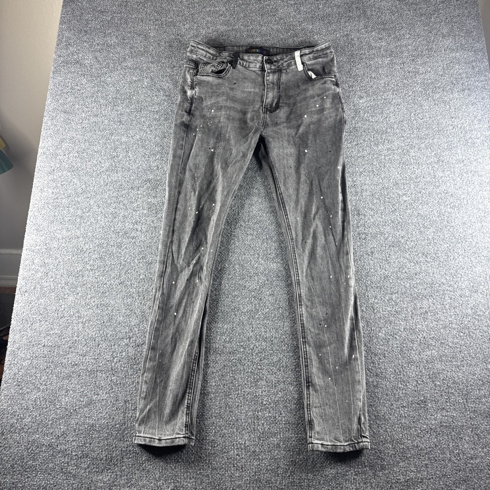 Pheelings Jeans Mens 34x32 Gray Skinny Slim Fit Denim Paint Splatter Hipster